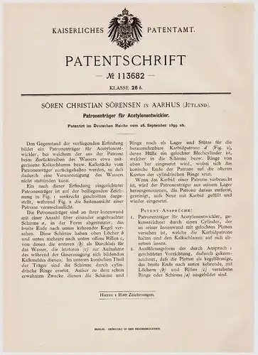 Original Patentschrift - S. Sörensen in Aarhus , Jütland , 1899 , Patronenträger für Acetylenentwickler !!!