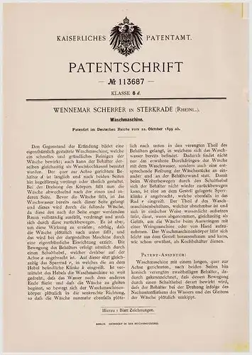 Original Patentschrift - W. Scherrer in Sterkrade , Rheinl., 1899 , Waschmaschine !!!