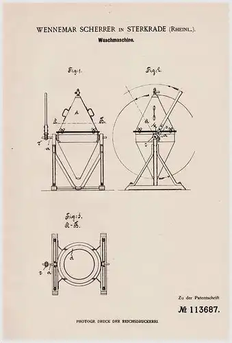 Original Patentschrift - W. Scherrer in Sterkrade , Rheinl., 1899 , Waschmaschine !!!