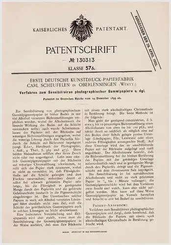Original Patentschrift - Erste Deutsche Papierfabrik ,C. Scheufelen in Ober - Lenningen , Württ., 1899, Photogr. Papiere