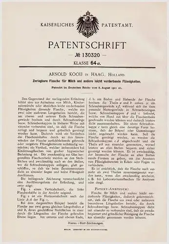 Original Patentschrift - A. Kooij in Haag , 1901 , zerlegbare Flasche für Milch !!!