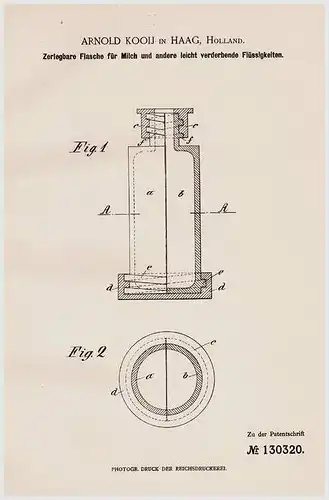 Original Patentschrift - A. Kooij in Haag , 1901 , zerlegbare Flasche für Milch !!!