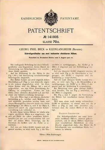 Original Patentschrift - G. Beck in Kleinlangheim b. Kitzingen , 1902 , Schreibgeräthalter , Füllfederhalter , Feder !!!