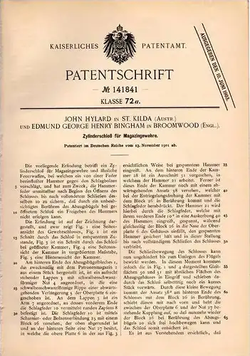 Original Patentschrift - E. Bingham in Broomwood und St. Kilda , 1901 , Cylinderschloßß für Gewehre , Gewehr , Waffe !!!