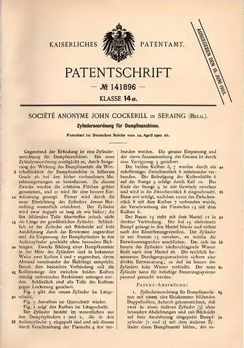 Original Patentschrift - J. Cockerill in Seraing , 1902 , Zylinder für Dampfmaschinen !!!