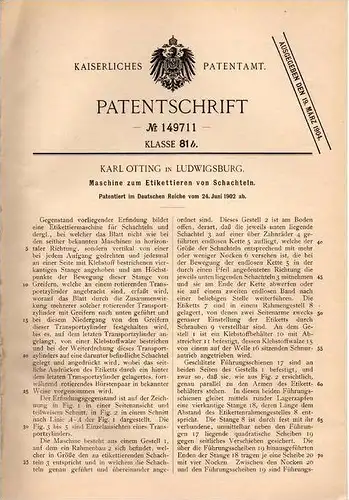 Original Patentschrift - Karl Otting in Ludwigsburg , 1902 , Maschine zum Etikettieren von Schachtel , Etikett !!!