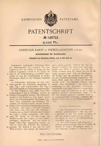 Original Patentschrift - Ch. Karst in Niederlahnstein a. Lahn , 1902 , Arbeitsständer für Schuhmacher , Schuster !!!
