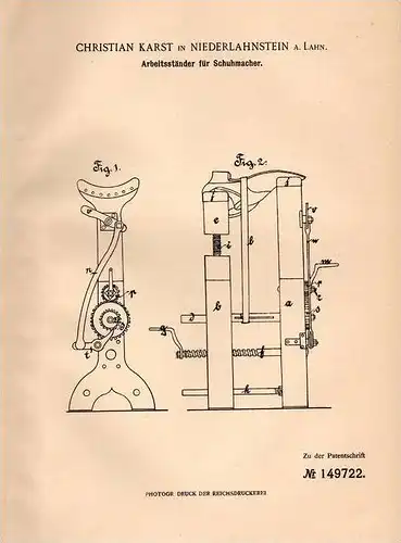 Original Patentschrift - Ch. Karst in Niederlahnstein a. Lahn , 1902 , Arbeitsständer für Schuhmacher , Schuster !!!
