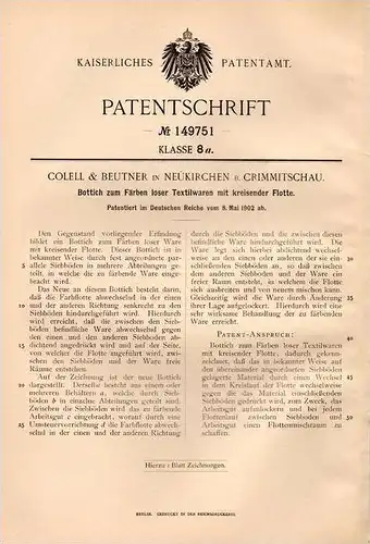 Original Patentschrift - Colell & Beutner in Neukirchen b. Crimmitschau , 1902 , Bottich zum Färben von Textilien !!!