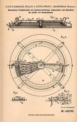 Original Patentschrift - J. Holan in Königswart b. Marienbad ,1903, Mechanische Berechnung von Baumstamm - Inhalt, Forst