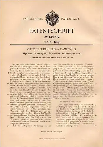 Original Patentschrift - O. Freudenberg in Kamenz i.S., 1903 , Alarmanlage für Motorrad , Motorwagen und Fahrrad !!!