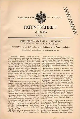 Original Patentschrift - J. Bates in Setauket , Suffolk , USA , 1899 , Gebäude zur Rettung bei Feuer , Feuerwehr !!!