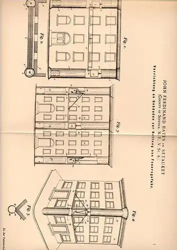 Original Patentschrift - J. Bates in Setauket , Suffolk , USA , 1899 , Gebäude zur Rettung bei Feuer , Feuerwehr !!!