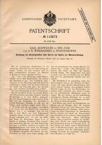 Original Patentschrift - J. Weilhammer in Pfaffenhofen , 1899 , Darren von Hopfen mit Hordengestell !!!