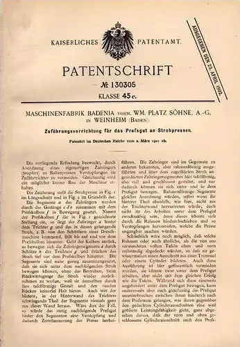 Original Patentschrift - Maschinenfabrik Badenia in Weinheim i. Baden , 1901 , Zuführung für Strohpresse !!!
