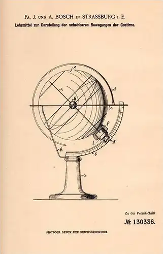 Original Patentschrift - Lehrmittel für die Gestirne , Astronomie , 1901 , Fa. J. Bosch in Strassburg i.E. , Sternwarte