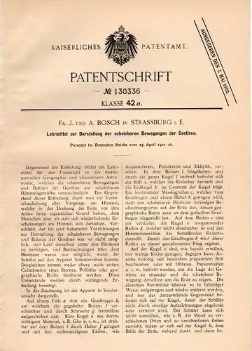 Original Patentschrift - Lehrmittel für die Gestirne , Astronomie , 1901 , Fa. J. Bosch in Strassburg i.E. , Sternwarte