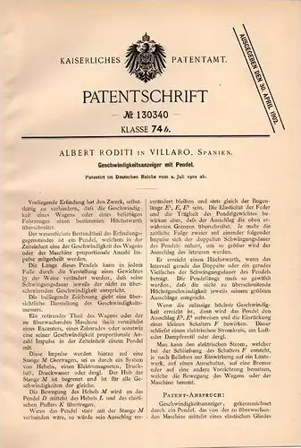 Original Patentschrift - Albert Roditi in Villaro , Spanien , 1901 , Geschwindigkeitsanzeiger mit Pendel !!!