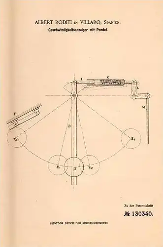 Original Patentschrift - Albert Roditi in Villaro , Spanien , 1901 , Geschwindigkeitsanzeiger mit Pendel !!!