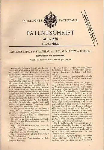 Original Patentschrift - L. Lepszy in Stanislau und Lemberg , 1901 , Controlschloß mir Schließhaken !!!