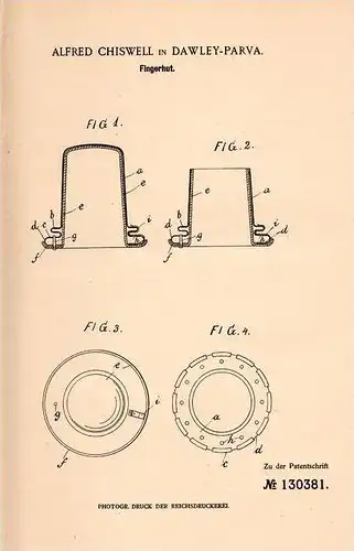 Original Patentschrift - Alfred Chiswell in Dawley Parva , 1901 , Fingerhut !!!