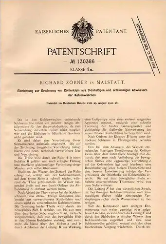 Original Patentschrift - R. Zöllner in Malstatt b. Saarbrücken , 1900 , Gewinnung von Kohle aus Schlamm , Burbach !!!