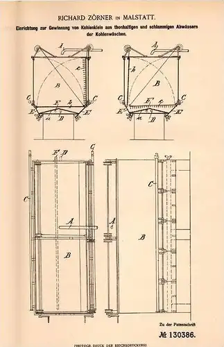 Original Patentschrift - R. Zöllner in Malstatt b. Saarbrücken , 1900 , Gewinnung von Kohle aus Schlamm , Burbach !!!