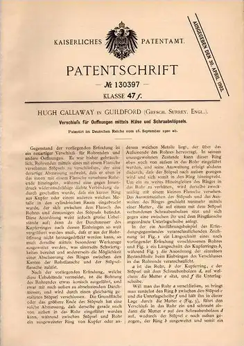 Original Patentschrift - H. Callaway in Guildford , Surrey , 1900 , Verschluß mit Hülse und Schraubstöpsel !!!