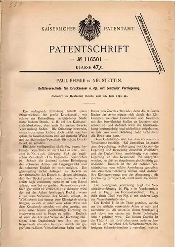 Original Patentschrift - P. Ehmke in Neustettin , 1899 , Gefäßverschluß für Druckkessel mit centraler Verriegelung !!!