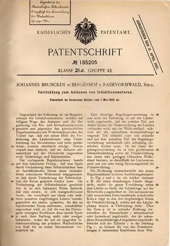 Original Patentschrift - J. Bruncken in Bergerhof b. Radevormwald , 1906 , Anlasser für Induktionsmotoren !!!