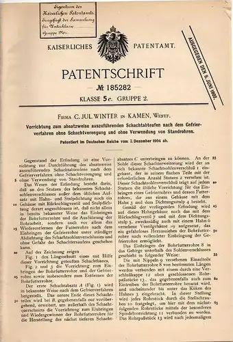Original Patentschrift - Fa. C. Winter in Kamen , Westf., 1904 , Apparat zum Schachtabteufen mit Gefrierverfahren !!!