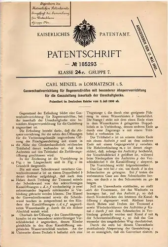 Original Patentschrift - Carl Menzel in Lommatzsch i.S., 1906 , Gaswechselvorrichtung für Regenerativöfen !!!