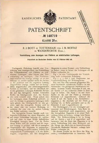 Original Patentschrift - J. Moffat in Wandsworth und Tottenham , 1903 , Fehleranzeige an elektrischen Leitungen !!!