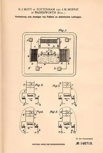 Original Patentschrift - J. Moffat in Wandsworth und Tottenham , 1903 , Fehleranzeige an elektrischen Leitungen !!!