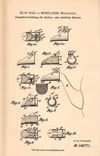 Original Patentschrift - Silas Hall in Morecambe , Manchester , 1902 , Ausguß für Kaffeekanne , Kaffee , Kanne !!!