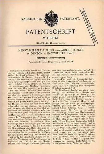 Original Patentschrift - H. Turner in Denton , Manchester , 1898 , Schleifmaschine für Hüte , Hut !!!