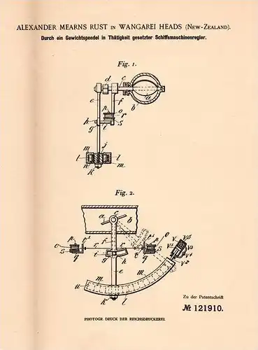 Original Patentschrift - A. Rust in Whangarei Heads , Neuseeland , 1900 , Gewichtspendel für Schiffe , Schiff !!!