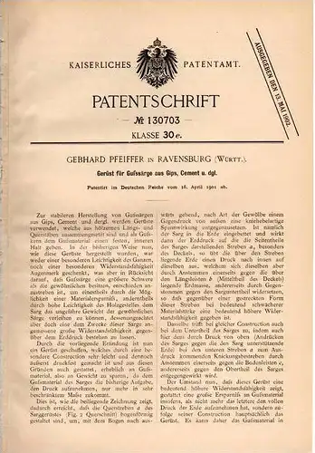 Original Patentschrift - G. Pfeiffer in Ravensburg , 1901 , Sarg aus Guß und Cement , Bestatter, Beerdigung , Friedhof !