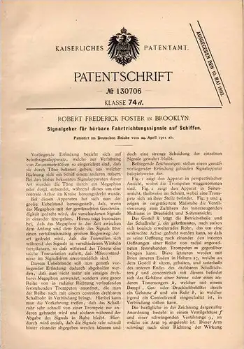 Original Patentschrift - R. Foster in Brooklyn , 1901 , Signalgeber für Schiffe , Schiff !!!