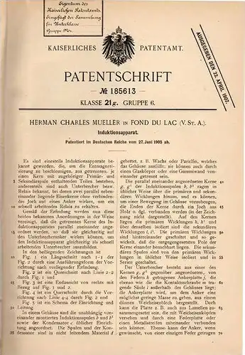 Original Patentschrift - H. Mueller in Fond du Lac , USA , 1905 , Induktionsapparat !!!