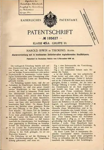 Original Patentschrift - H. Irwin in Tikokino , Australia , 1906 , Alarmvorrichtung mit Explosion !!!