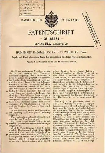 Original Patentschrift - H. Logan in Treventhan , Erith , 1906 , Kontrollhebel für Klavir , Piano !!!