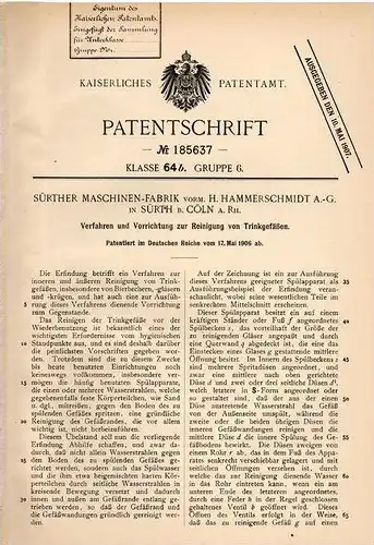 Original Patentschrift - H. Hammerschmidt AG in Sürth b. Cöln , 1906 , Apparat zum Reinigen von Trinkgefäßen !!!