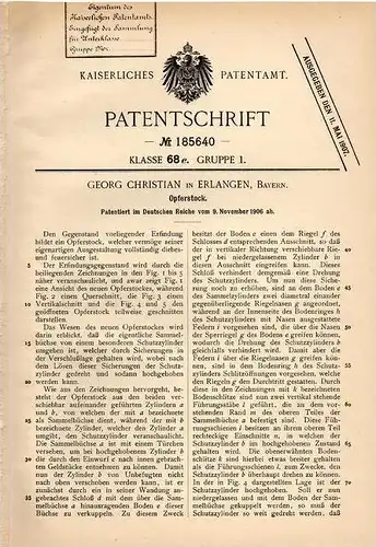 Original Patentschrift - Opferstock , Gotteskasten , 1906 ,G. Christian in Erlangen , Kirche , Gottesdienst !!!