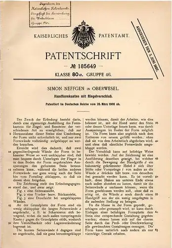 Original Patentschrift - S. Neffgen in Oberwesel , 1906 , Handformkasten mit Riegelverschluß , Ziegel , Bausteine !!!
