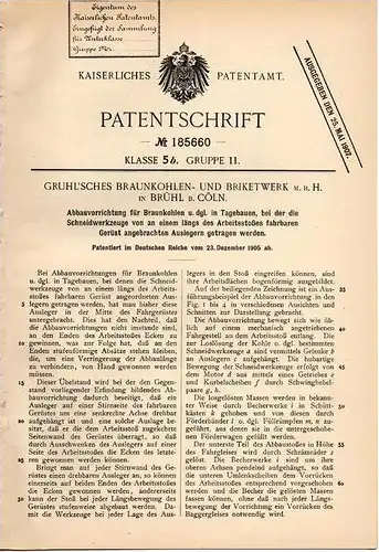 Original Patentschrift - Gruhl 'sches Braunkohlewerk in Brühl b. Cöln , 1905 , Tagebau - Abbaumaschine für Braunkohle !!