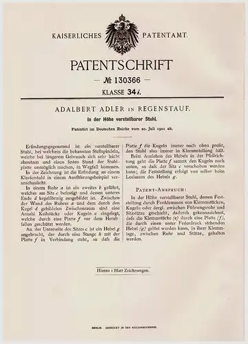 Original Patentschrift - Adalbert Adler in Regenstauf , 1901 , höhenverstellbarer Stuhl , Möbel , Schreiner , Tischler !