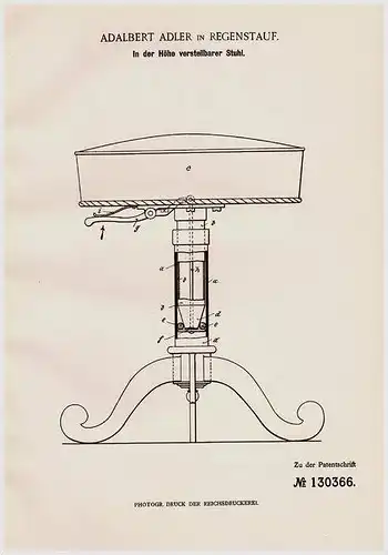 Original Patentschrift - Adalbert Adler in Regenstauf , 1901 , höhenverstellbarer Stuhl , Möbel , Schreiner , Tischler !