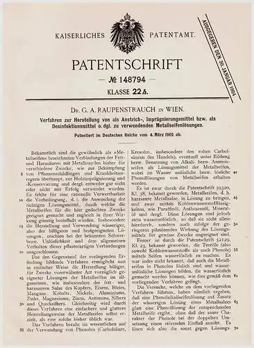 Original Patentschrift - Dr. G.A. Raupenstrauch in Wien , 1902 , Herstellung von Imprägnierungs- und Desinfektionsmittel