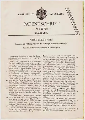 Original Patentschrift - Adolf Herz in Wien , 1903 , Feldmagnetsystem für Wechselstromerzeuger  !!!